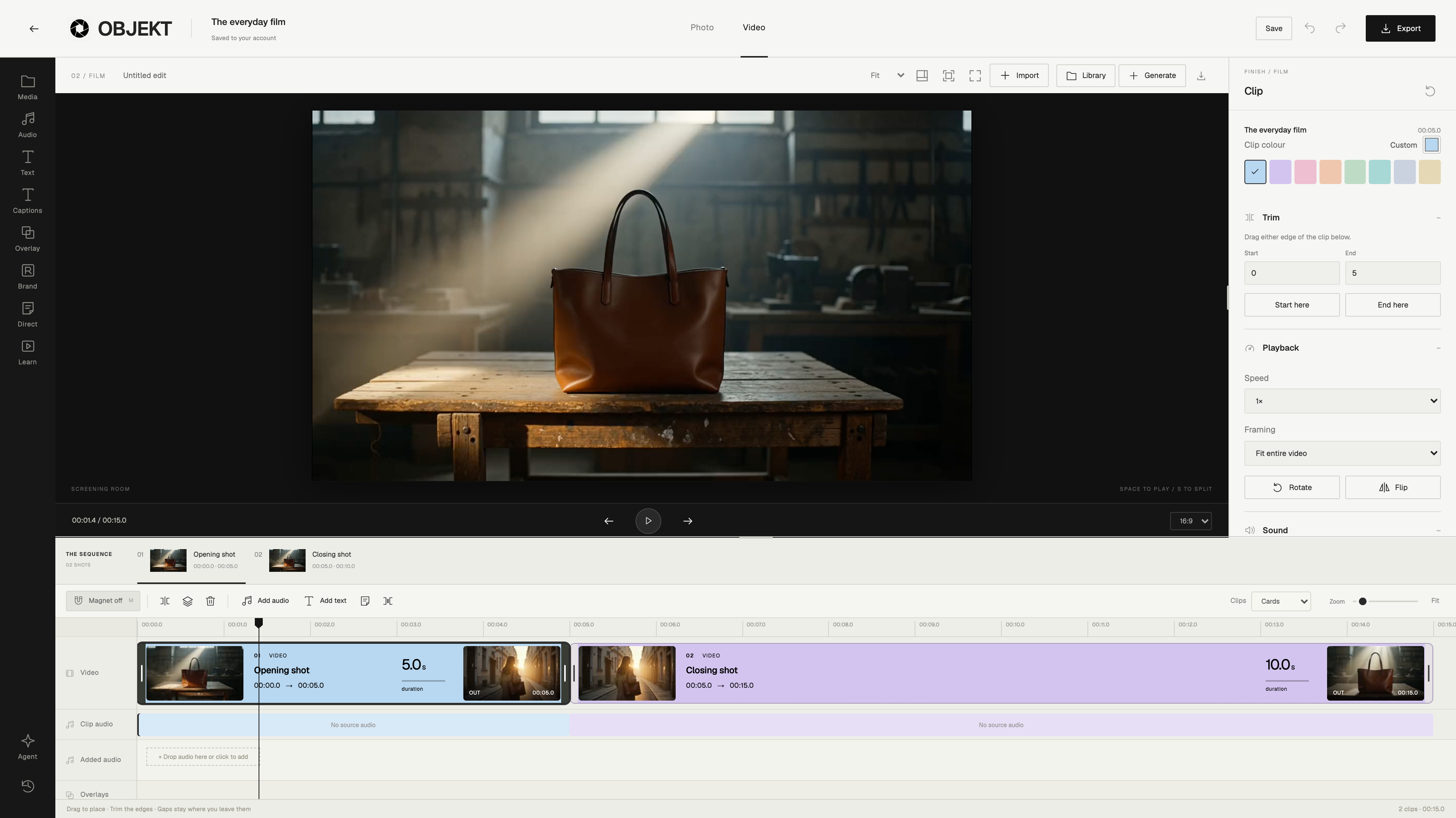 The current OBJEKT video editor, with media tools, preview, clip controls and timeline